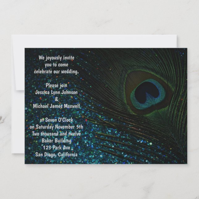 Dark Aqua Peacock Wedding Invitation (Front)