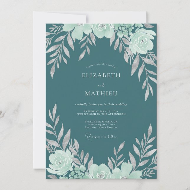 Dark Aqua Ranunculus Eucalyptus Wedding Invitation (Front)