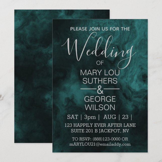 Dark Aqua Smoked Marble Wedding Invitation (Front/Back)