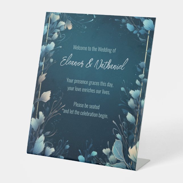 Dark Aquamarine and Teal Blue Floral Wedding Pedestal Sign (Front)