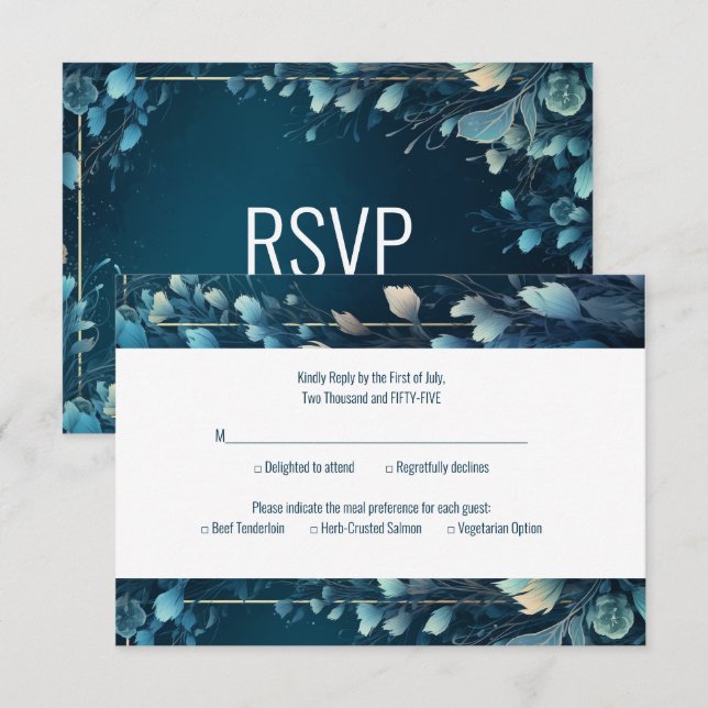 Dark Aquamarine and Teal Blue Floral Wedding RSVP Card (Front/Back)