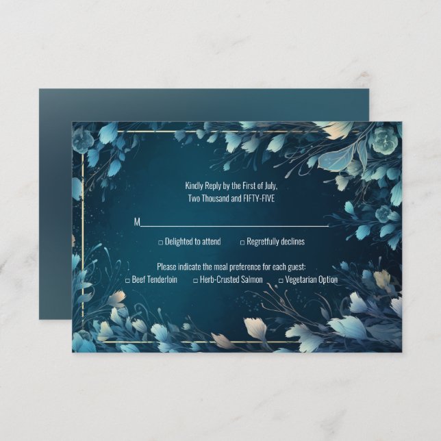 Dark Aquamarine and Teal Blue Floral Wedding RSVP Card (Front/Back)
