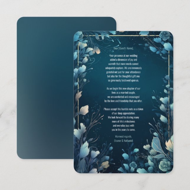 Dark Aquamarine and Teal Blue Floral Wedding Thank You Card (Front/Back)
