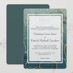 Dark Aquamarine Goldvein Modern Wedding Invitation