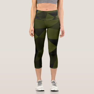 Dark army green black geometric mesh pattern cool capri leggings
