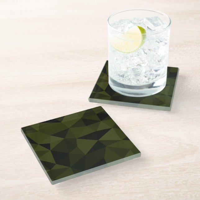 Dark army green black geometric mesh pattern cool  glass coaster (Angled)