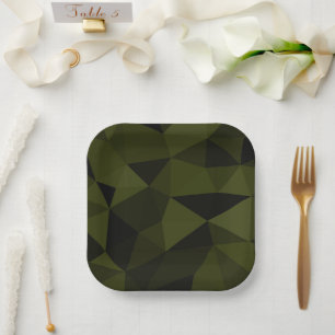 Dark army green black geometric mesh pattern cool  paper plate