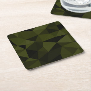 Dark army green black geometric mesh pattern cool square paper coaster