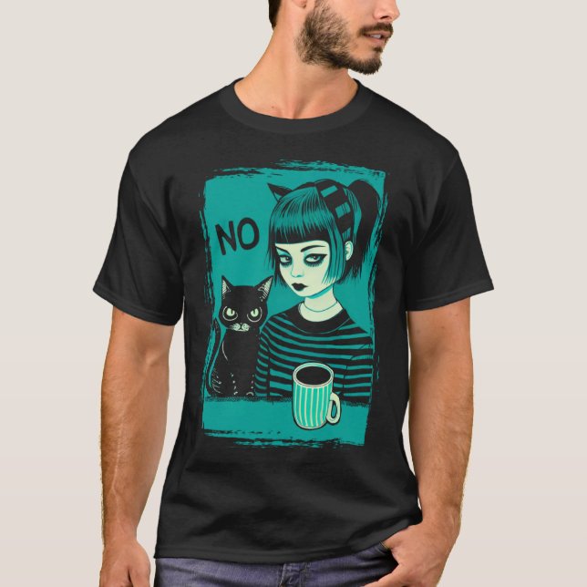 Dark At Heart Punk Goth Girl Says No With Cat And  T-Shirt (Front)