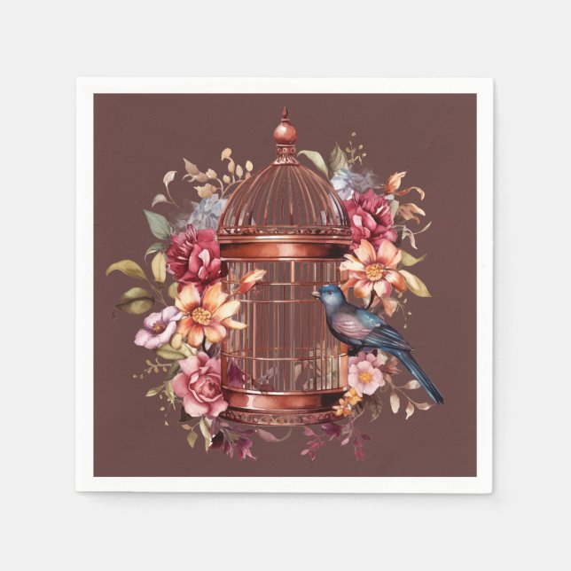Dark Auburn Brown Blue Birdcage Shower Napkin (Front)