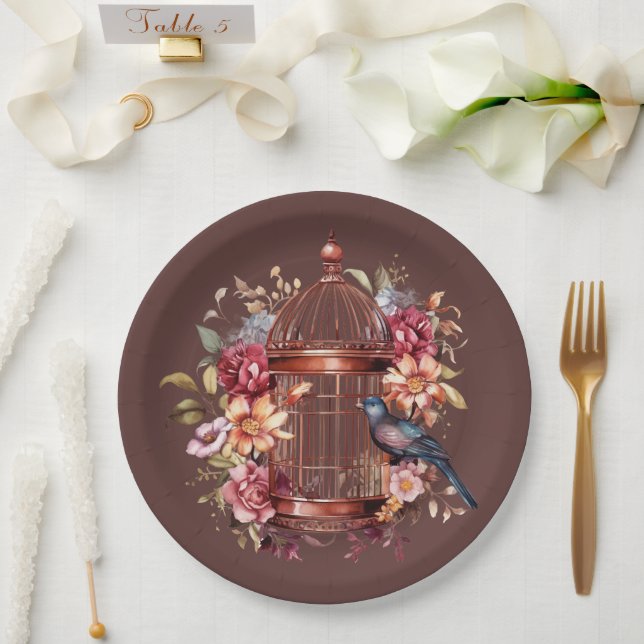 Dark Auburn Brown Pink Blue Birdcage Shower Paper Plate (Wedding)