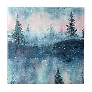 Dark Aurora Borealis Night Forest (1) Tile