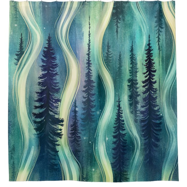 Dark Aurora Borealis Night Forest (5) Shower Curtain (Front)