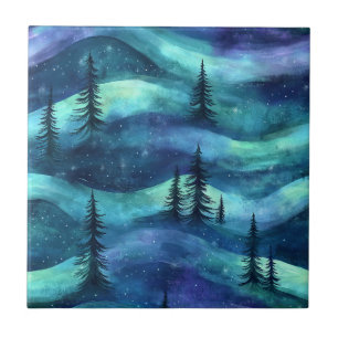 Dark Aurora Borealis Night Forest (9) Tile