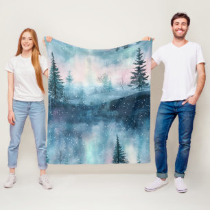 Dark Aurora Borealis Night Forest Fleece Blanket