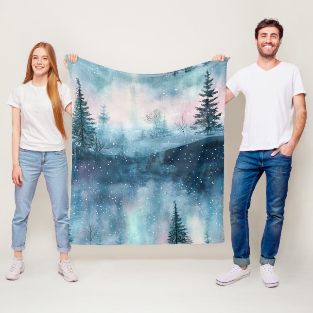 Dark Aurora Borealis Night Forest Fleece Blanket (In Situ)