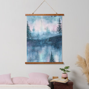 Dark Aurora Borealis Night Forest Hanging Tapestry