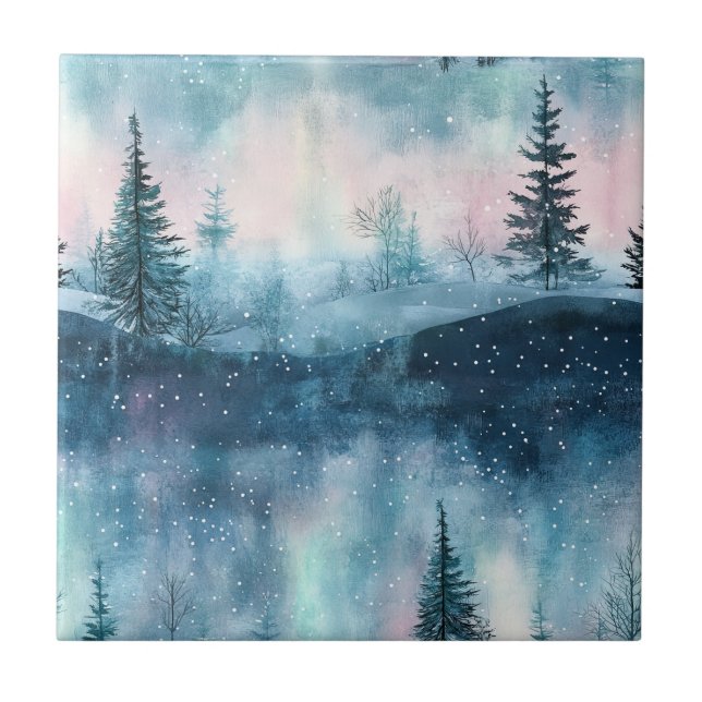 Dark Aurora Borealis Night Forest Tile (Front)