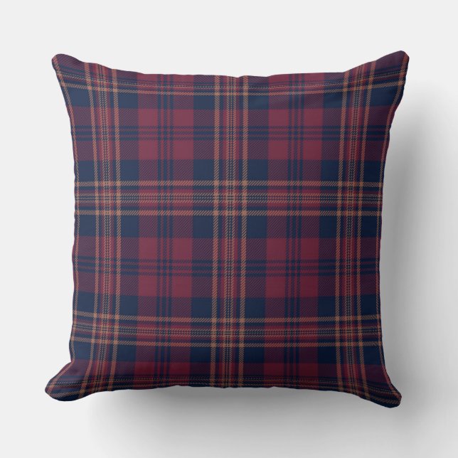 Dark Autumn Fall Cabin Navy Red Tartan Plaid Cushion (Front)
