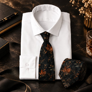 Dark Autumn Leaves Seamless Botanical Pattern Tie