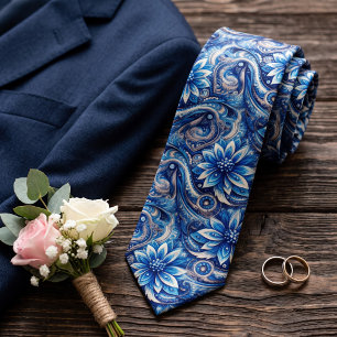 Dark Azure Navy Blue Black Paisley Art Pattern Tie