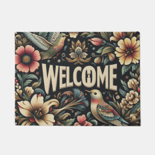 Dark Background Flowers And Birds Doormat