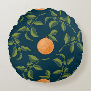 Dark Background Orange Citrus Branches Round Cushion