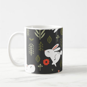 Dark background, white rabbits, floral vintage. coffee mug