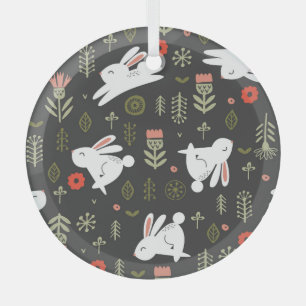 Dark background, white rabbits, floral vintage. glass tree decoration