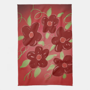 Dark barn red floral tea towel