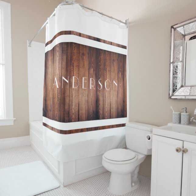 Dark Barn Wood and White Country Personalised Shower Curtain (In Situ)
