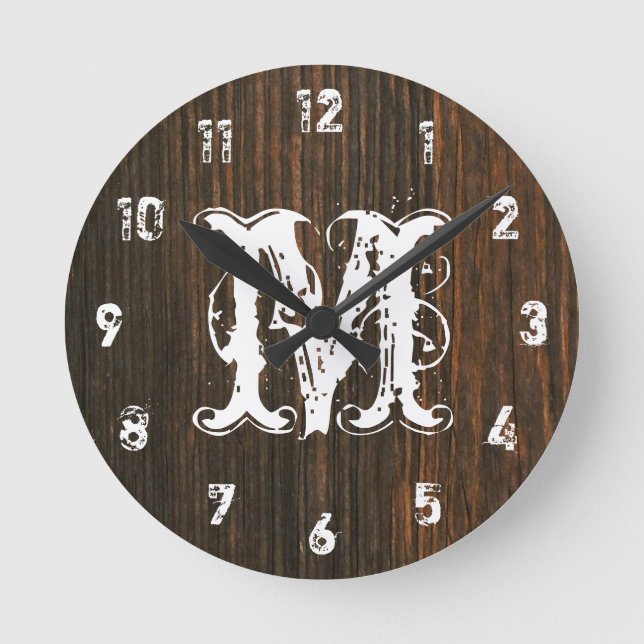 Dark Barn Wood Inspired Monogram Clock (Front)