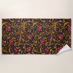 Dark Baroque Floral with Gold Scrolls Beach Towel