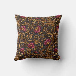 Dark Baroque Floral with Gold Scrolls Cushion