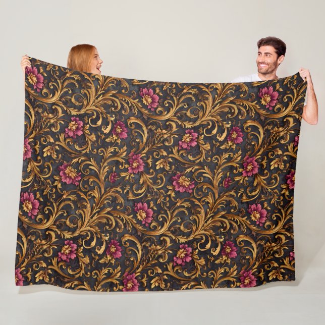 Dark Baroque Floral with Gold Scrolls Fleece Blanket (In Situ)