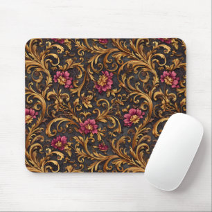 Dark Baroque Floral with Gold Scrolls Mouse Mat