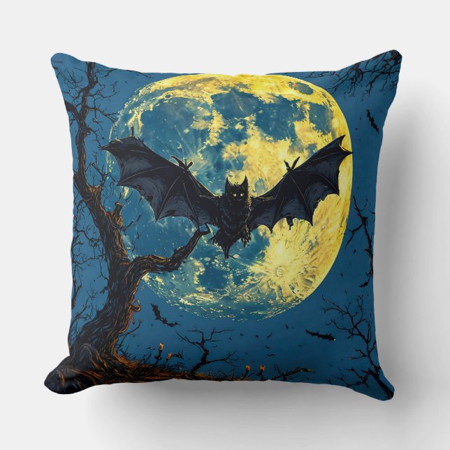 Dark Bat Flying Over Moonlit Sky With Bare Trees Cushion (Front)