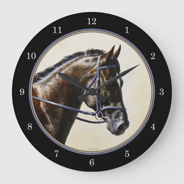 Dark Bay Dressage Horse Blue-black Large Clock (Front)