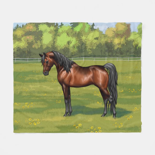 Dark Bay Egyptian Arabian Horse in Summer Pasture Fleece Blanket (Front (Horizontal))
