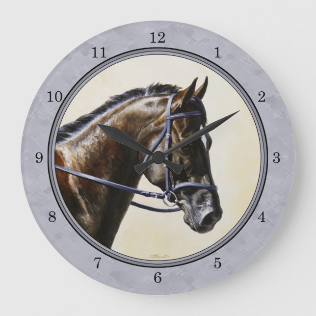 Dark Bay Sport Horse Grey Large Clock (Front)