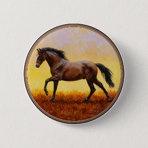Dark Bay Stallion Horse Galloping 6 Cm Round Badge