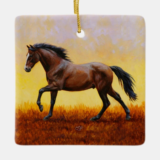 Dark Bay Stallion Horse Galloping Ceramic Ornament (Front)