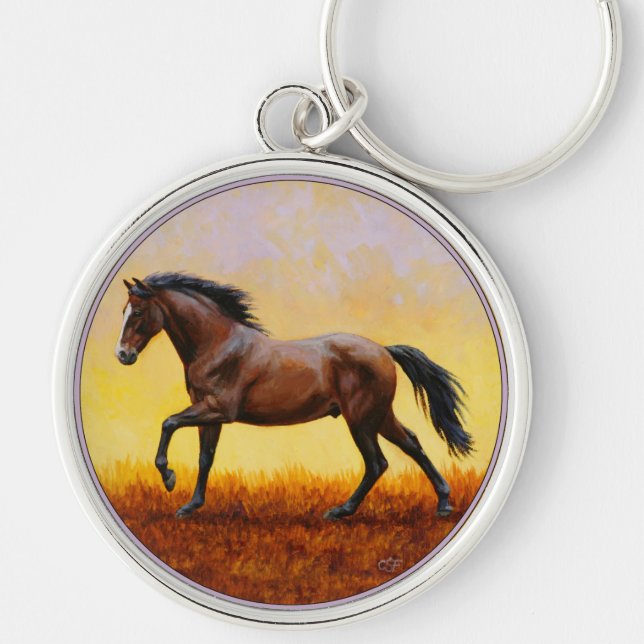 Dark Bay Stallion Horse Galloping Key Ring (Front)
