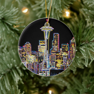 Dark be the Night - Luminous Seattle Skyline Ceramic Tree Decoration