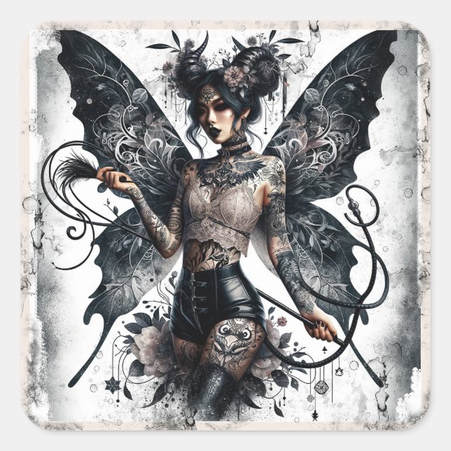 Dark Beauty Gothic Asian Fairy Tattoos & Whip Square Sticker (Front)