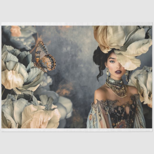 Dark Beauty & Moody Blue Floral, Portrait Art Tissue Paper (Front)