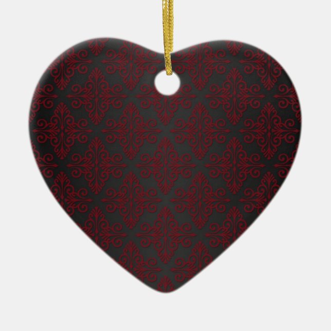 Dark Black and Red Damask Ceramic Tree Decoration (Front)
