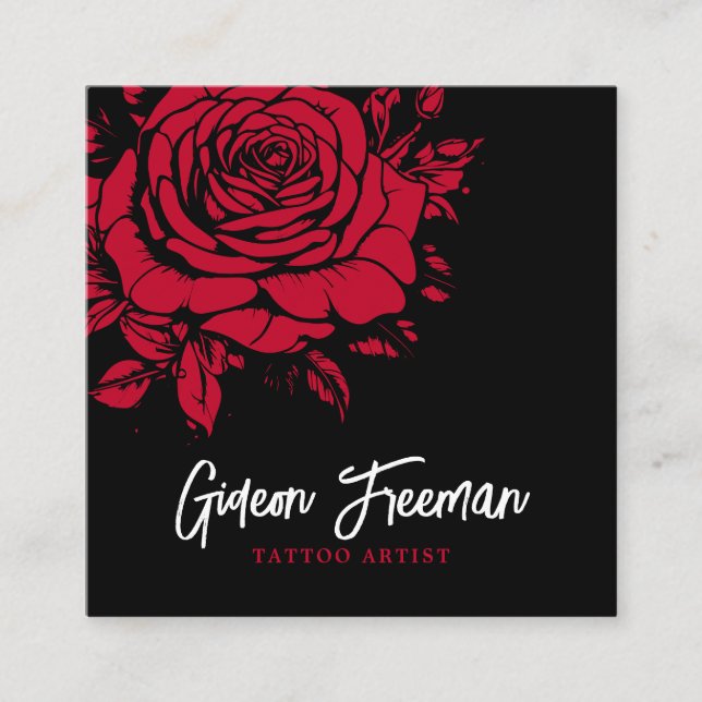Dark Black and Red Rose Tattoo Artist Square Business Card (Front)