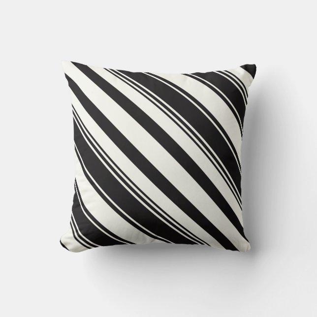 Dark Black and White Diagonal Stripes Cushion (Front)