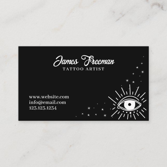 Dark Black and White Eye Stars Tattoo Artist Business Card (Front)